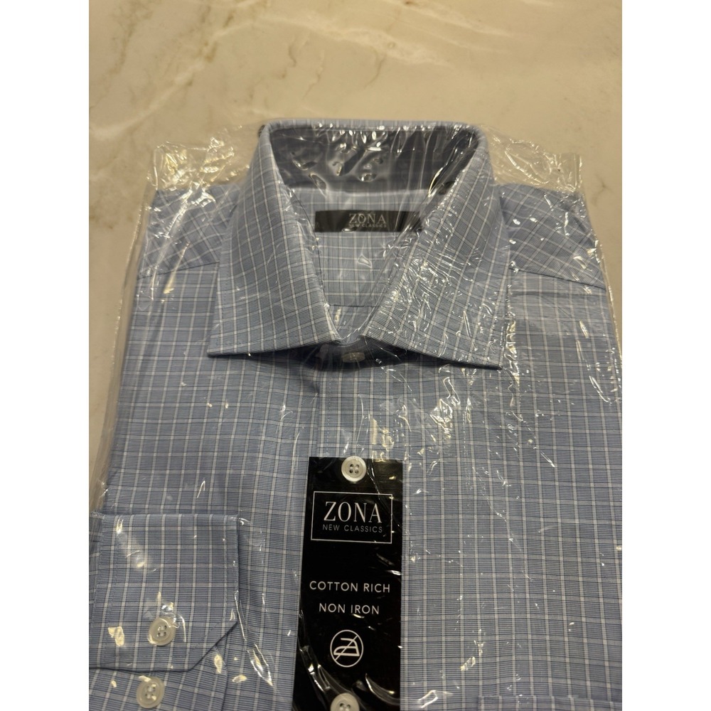 Zona New Classics Dress Shirt 15.5 Blue End On End Check Cotton Rich Non Iron